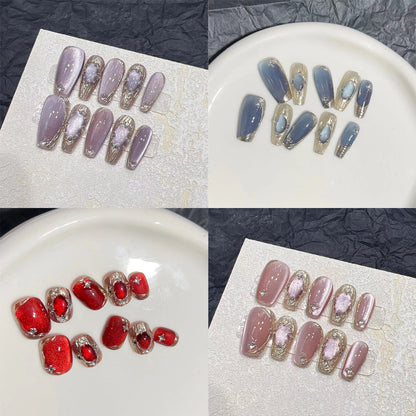 Elegant Press-On Nail Set with Artistic Metallic Design Acalora