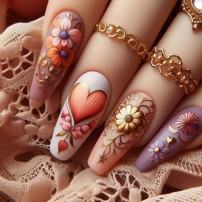 Artificial Nail Set with Romantic Floral Designs Acalora