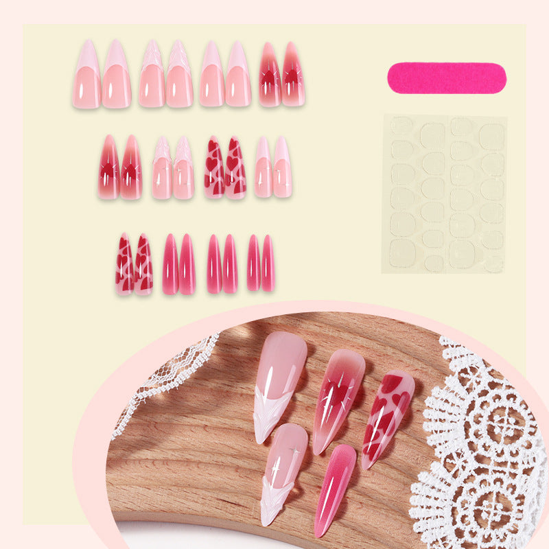 Artistic Press-On Nail Set with Gradient and Heart Patterns Acalora