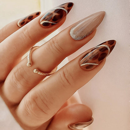 Decorative Press-On Nail Kit with Leopard Print and Glitter Accents Acalora