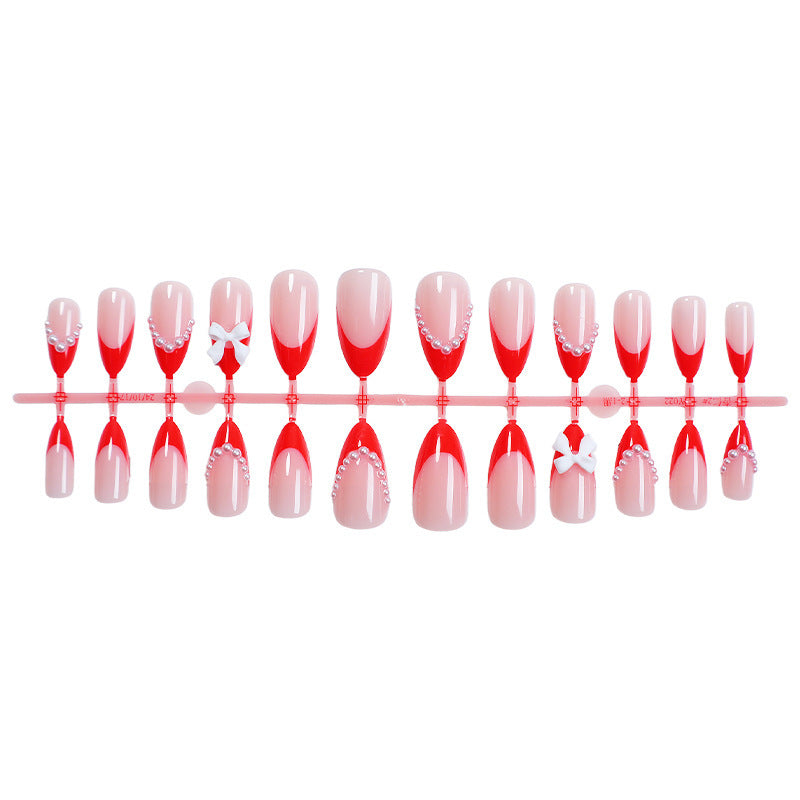 Elegant Press-On Nail Set with Pearl and Bow Accents Acalora