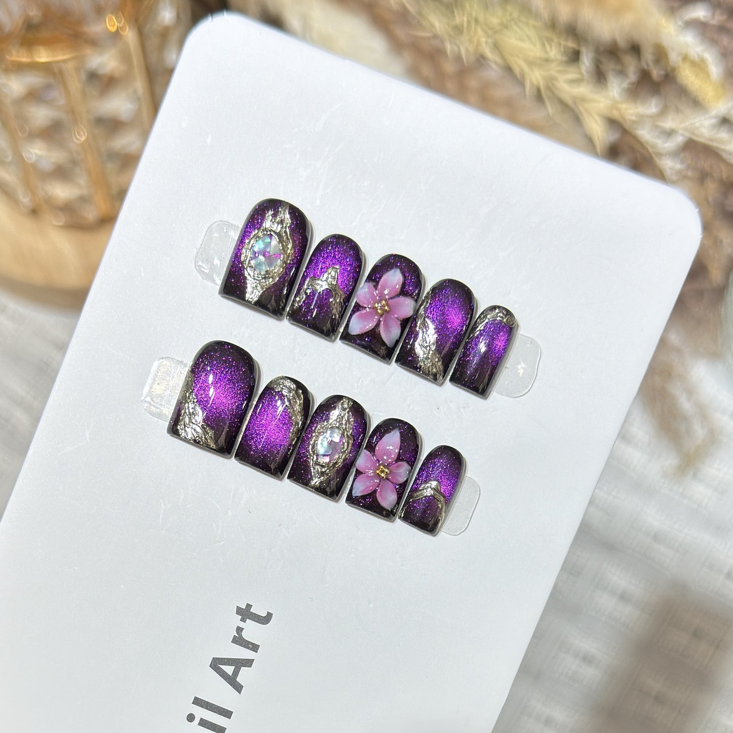 Elegant Floral Press-On Nail Set with Glitter Accents Acalora