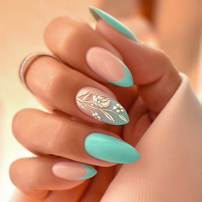 Artisan Press-On Nail Set with Elegant Leaf Patterns Acalora