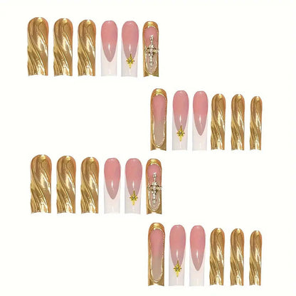 Elegant Press-On Nail Art with Gold Accents Acalora