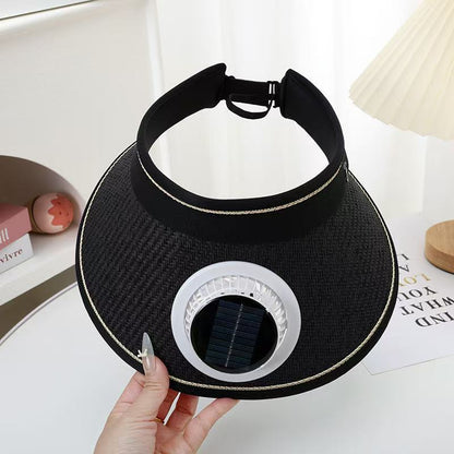 Foldable straw hat visor with integrated solar fan, adjustable neck strap, and breathable sweatband Bowlift