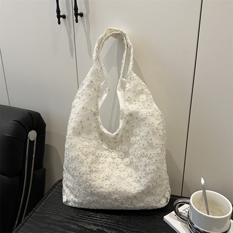 Elegant Floral Embroidered Grocery Tote Bag Acalora