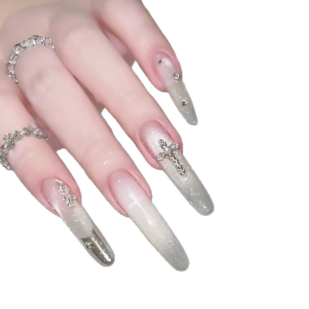 Elegant Decorative Press-On Nail Set with Rhinestone Cross Accents Acalora