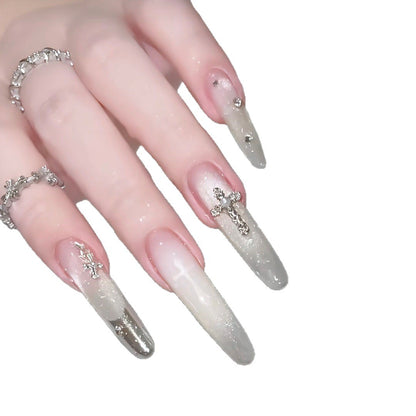 Elegant Decorative Press-On Nail Set with Rhinestone Cross Accents Acalora