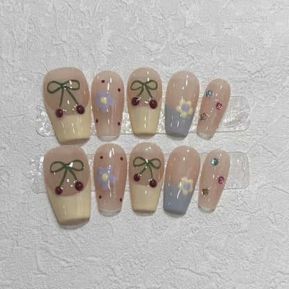 Charming Decorative Press-On Nail Set with Cherry and Floral Designs Acalora