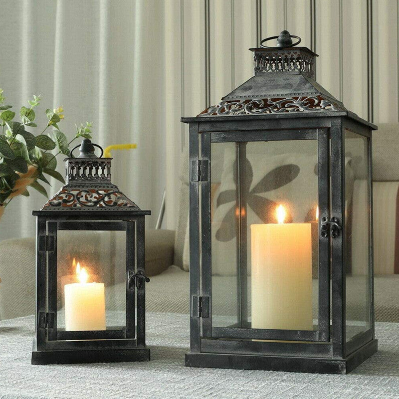 Ornate Distressed Wooden and Metal Glass-Paneled Decorative Lantern Acalora