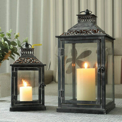 Ornate Distressed Wooden and Metal Glass-Paneled Decorative Lantern Acalora