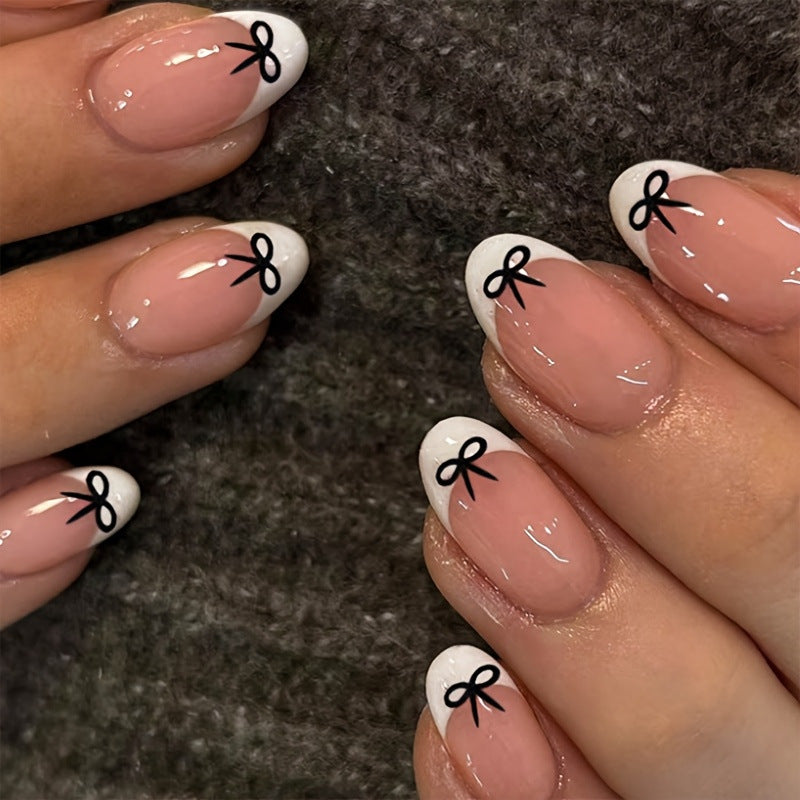 Stylish French Tip Press-On Nails with Bow Design Acalora