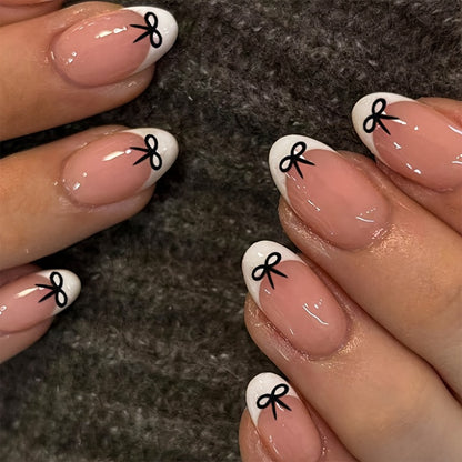 Stylish French Tip Press-On Nails with Bow Design Acalora