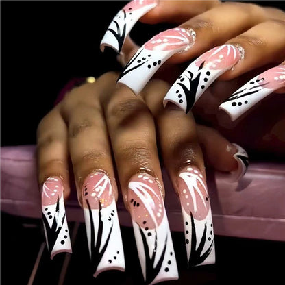 Artistic Press-On Nail Art Set with Floral and Abstract Design Acalora