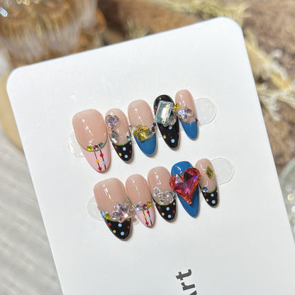 Artistic Press-On Nail Set with Colorful Jewel Accents Acalora
