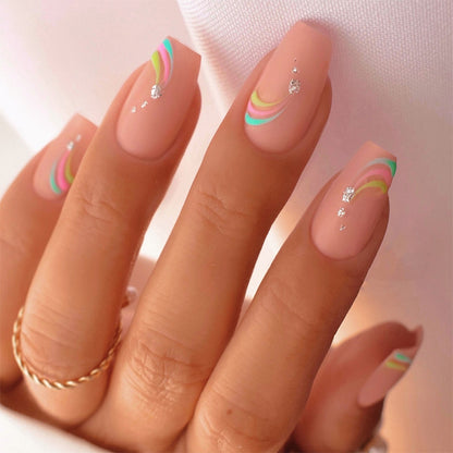 Artistic Press-On Nail Set with Colorful Wave Patterns Acalora