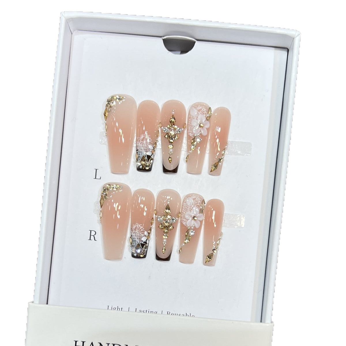 Artistic Reusable Press-On Nail Set with Floral and Gold Accents Acalora