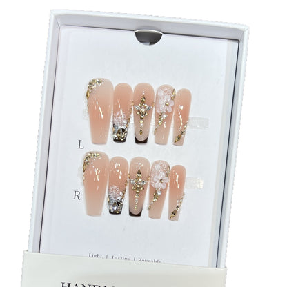 Artistic Reusable Press-On Nail Set with Floral and Gold Accents Acalora