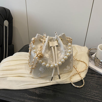 Elegant Floral Print Drawstring Bucket Bag Acalora