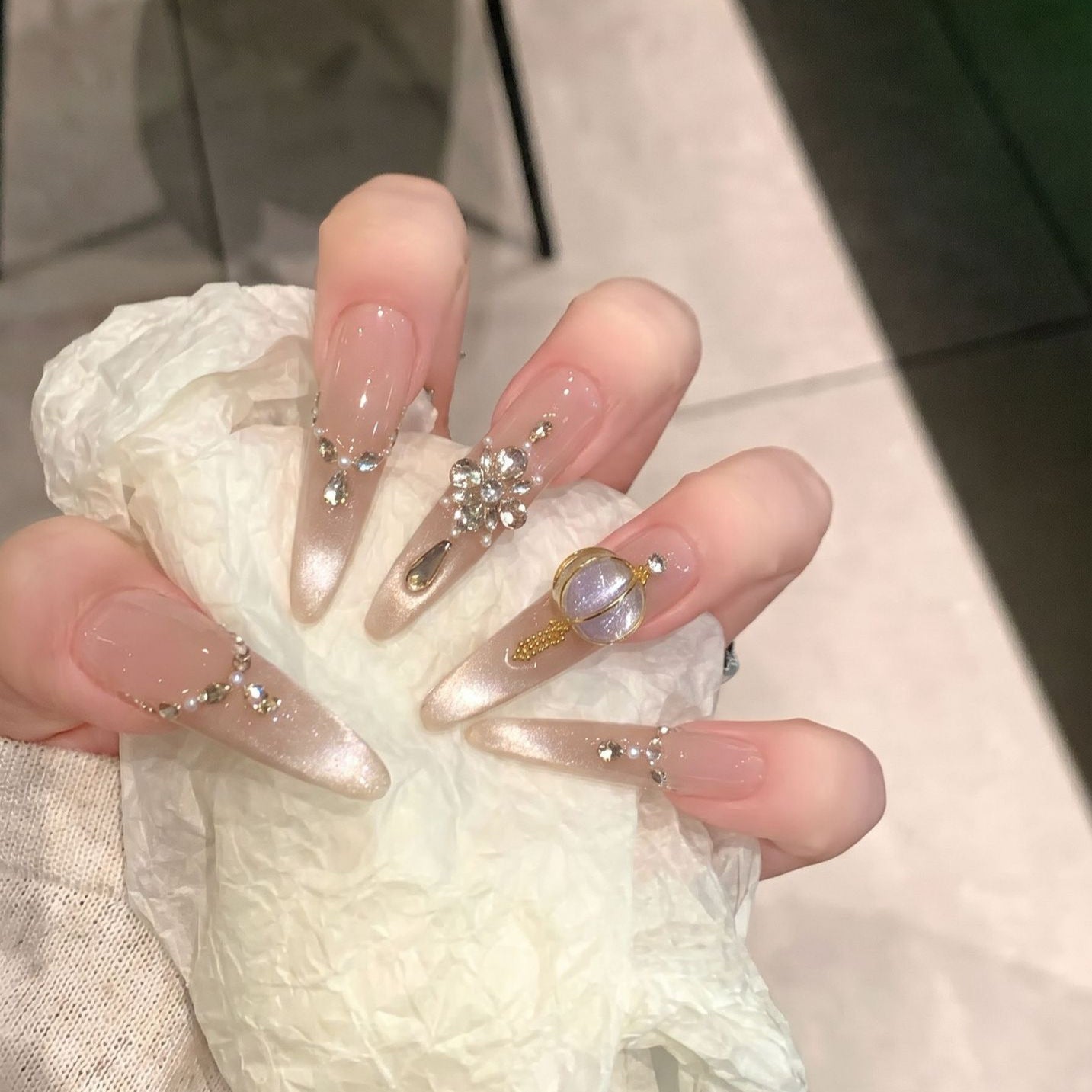Decorative Stiletto Press-On Nail Set with Elegant Gemstone Embellishments Acalora