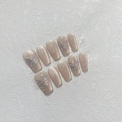 Stylish Press-On Nail Art Set with Elegant Butterfly and Gem Accents Acalora