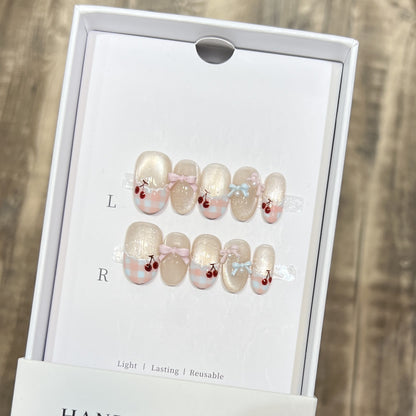 Decorative Press-On Nail Art Set with Charming Bow and Cherry Accents Acalora
