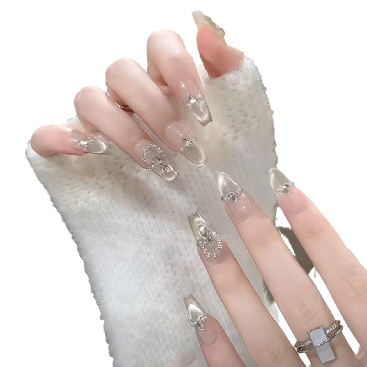 Elegant Press-On Nail Set with Rhinestone Detailing Acalora