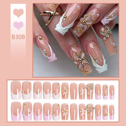 Artificial nail set with elegant floral and glitter decorations Acalora