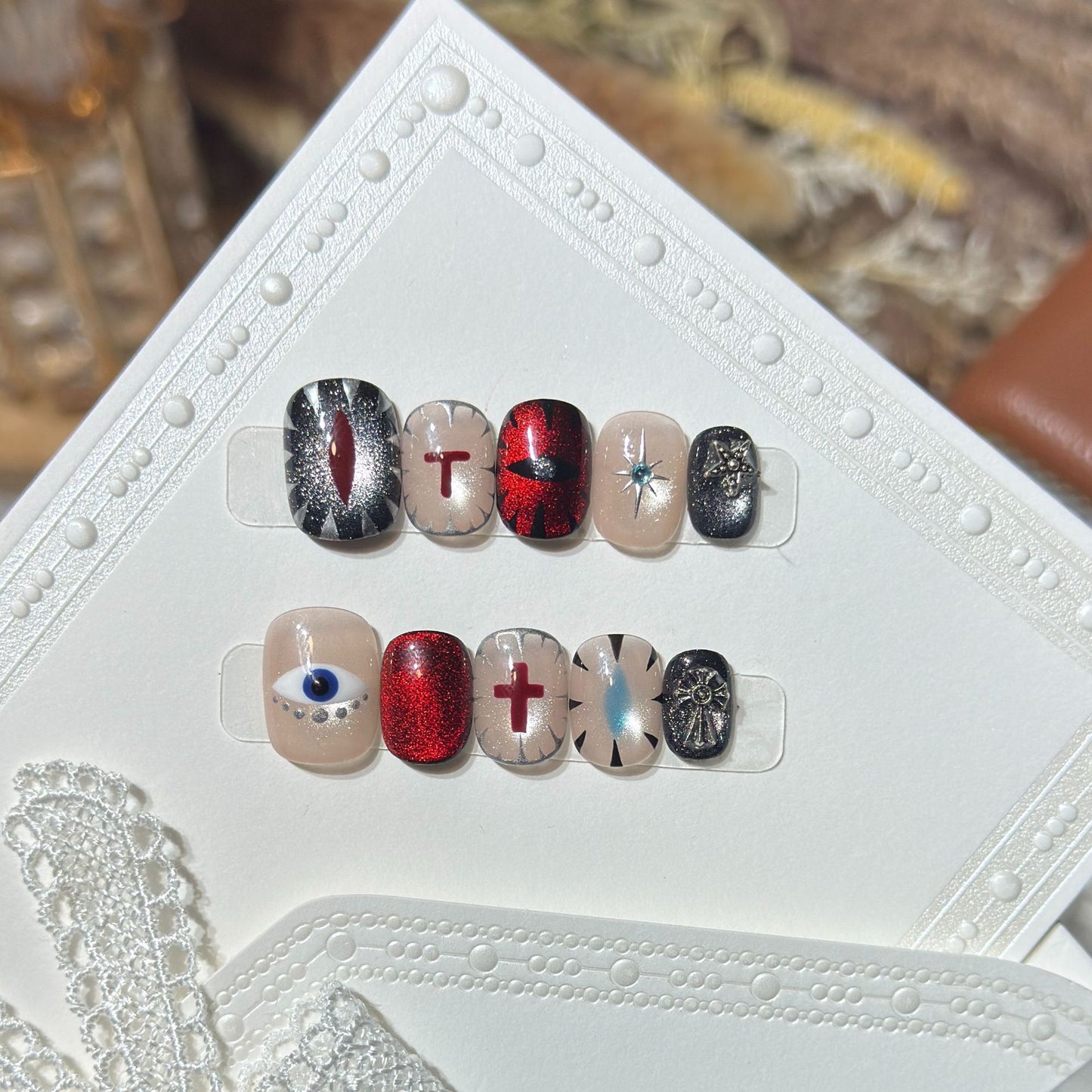 Artistic Press-On Nail Design Set with Unique Symbolic Accents Acalora