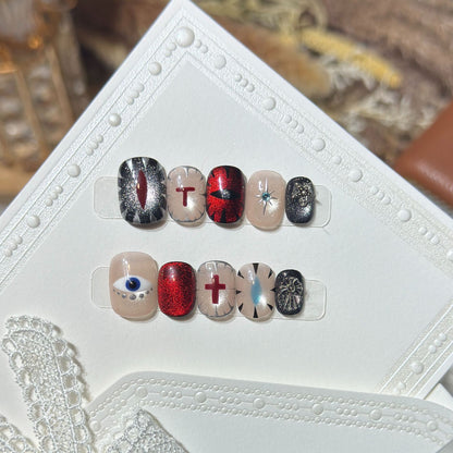 Artistic Press-On Nail Design Set with Unique Symbolic Accents Acalora