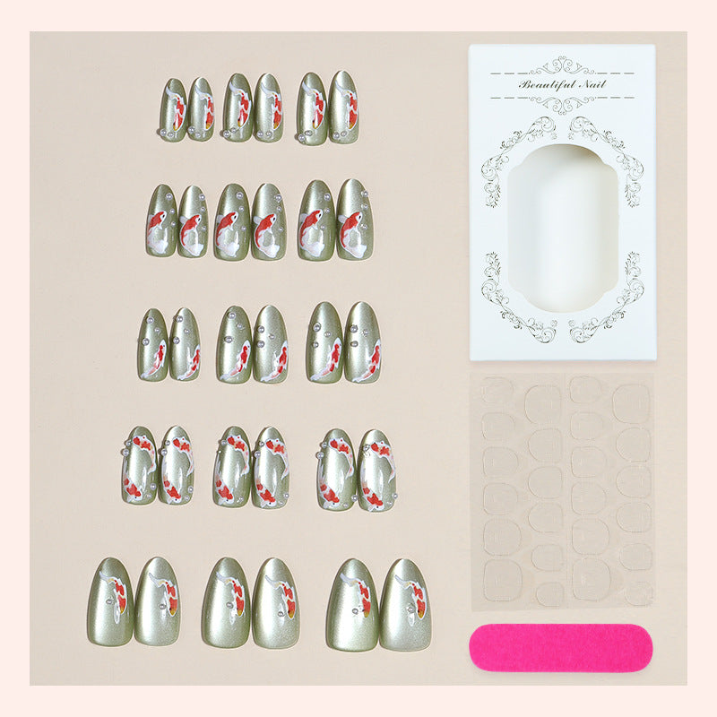 Decorative Press-On Nail Art Set with Koi Fish and Gem Accents Acalora