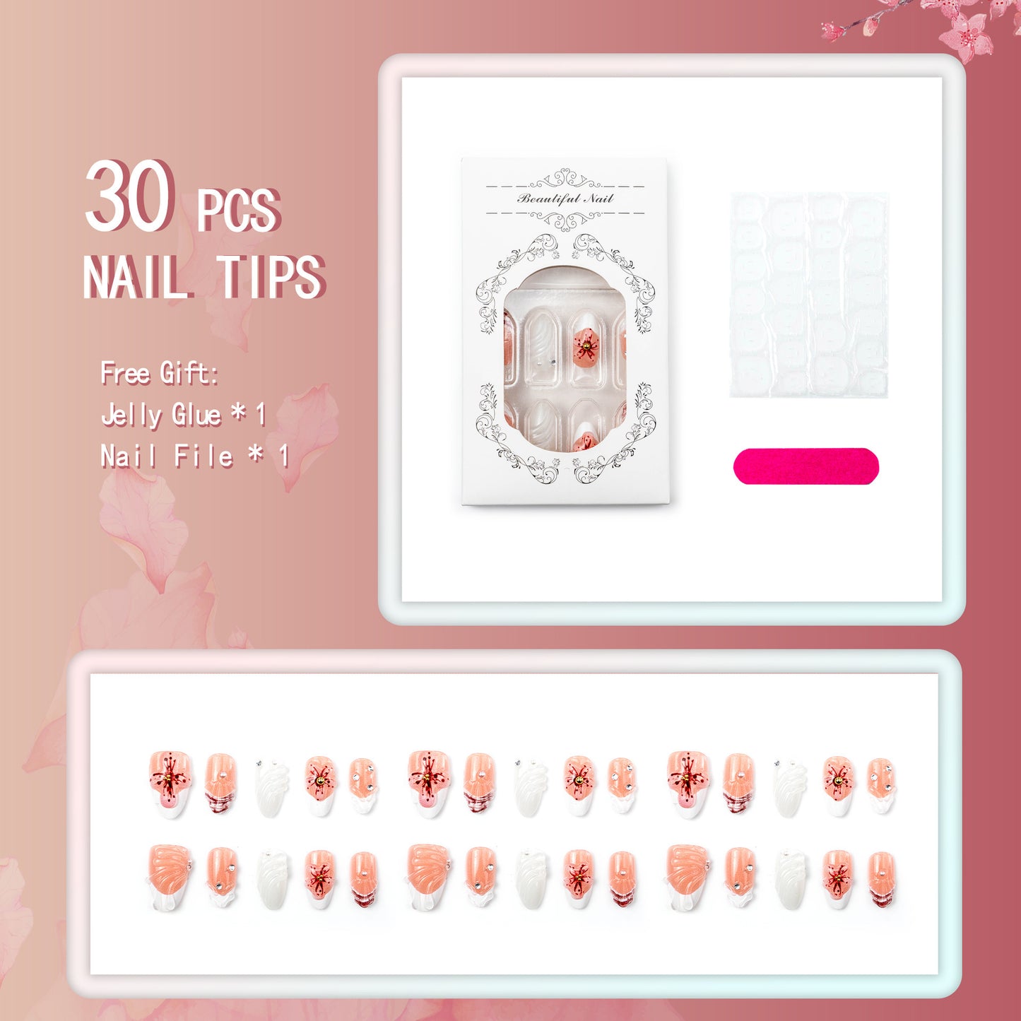 Artificial nails with handcrafted flower and glitter elements Acalora