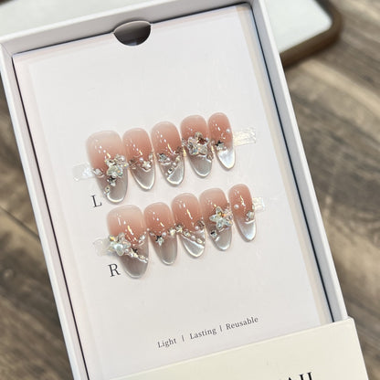 Elegant Press-On Almond Nails with Floral Accents Acalora