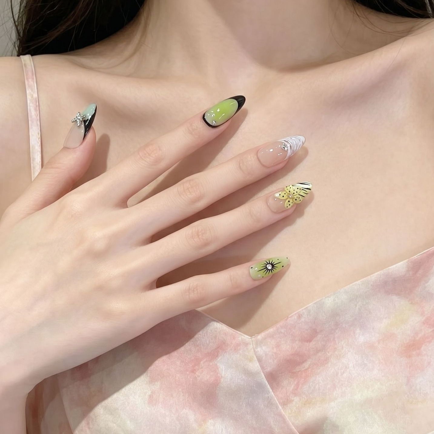 Artistic Press-On Nail Set with Butterfly and Floral Designs Acalora