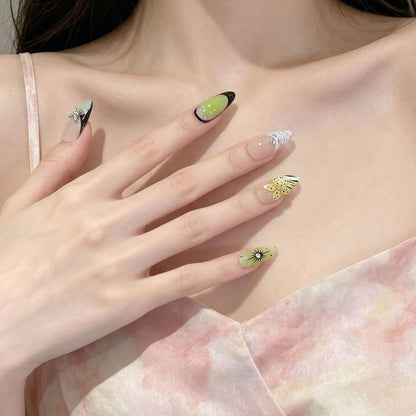 Artistic Press-On Nail Set with Butterfly and Floral Designs Acalora