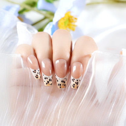 Stylish French Tip Press-On Nails with Animal Print Acalora