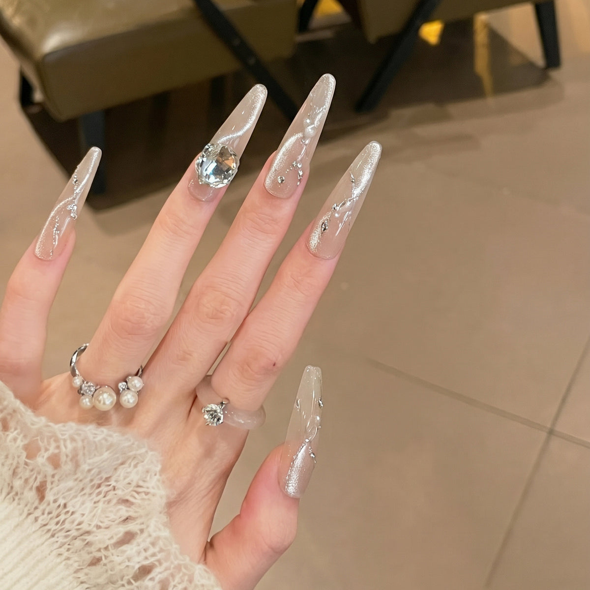 Artistic Stiletto Press-On Nail Set with Crystal Accents Acalora