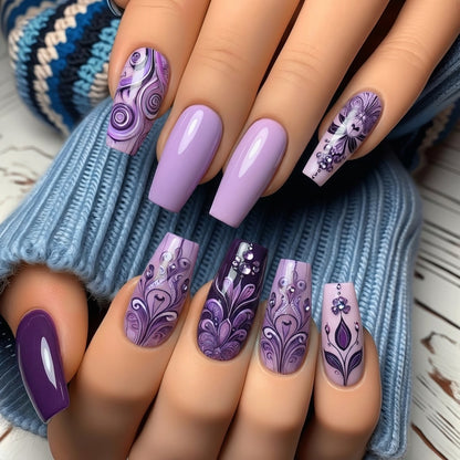Artificial nails with intricate purple pattern Acalora