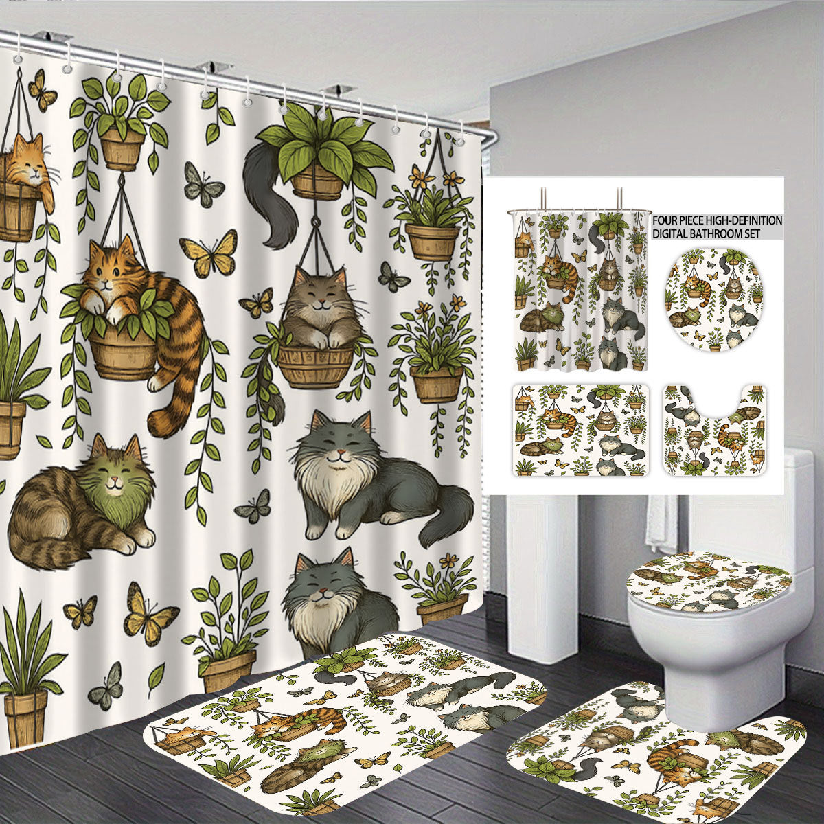 Cat-Themed Four-Piece Digital Bathroom Set