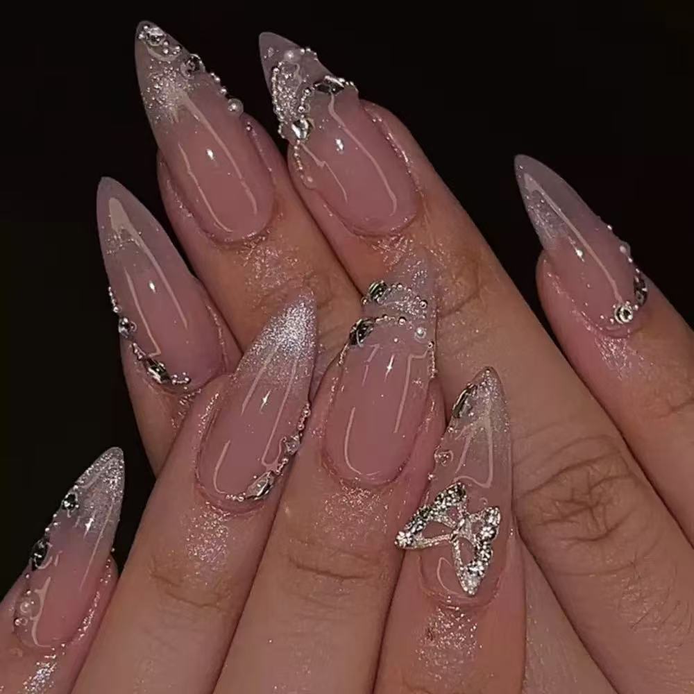 Glamorous Stiletto Press-On Nail Art with Glittering Embellishments Acalora