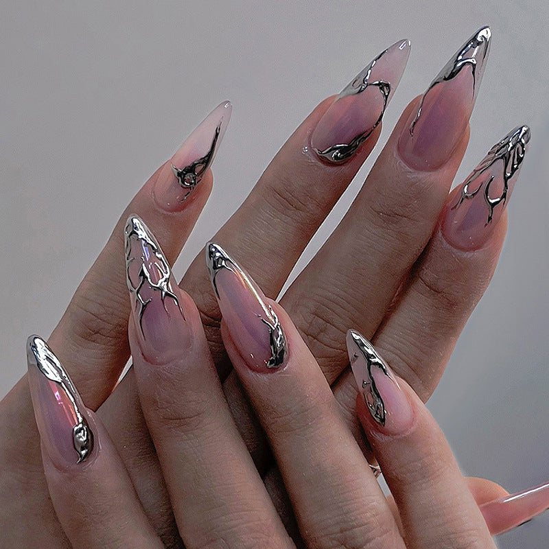 Artistic Press-On Nail Set with Decorative Marble and Glossy Accents Acalora