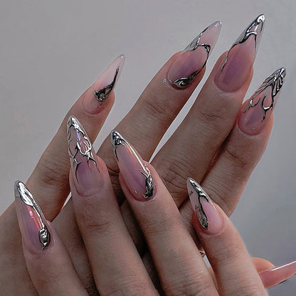Artistic Press-On Nail Set with Decorative Marble and Glossy Accents Acalora
