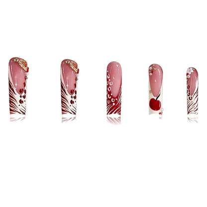Decorative Long Press-On Nail Art with Gem Accents Acalora