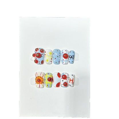 Artistic Press-On Nail Set with Playful Floral and Polka Dot Designs Acalora