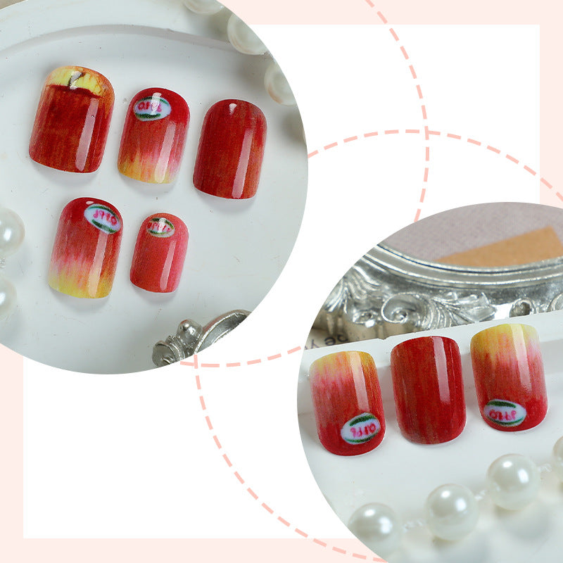 Artistic Press-On Nail Set with Unique Apple Designs Acalora
