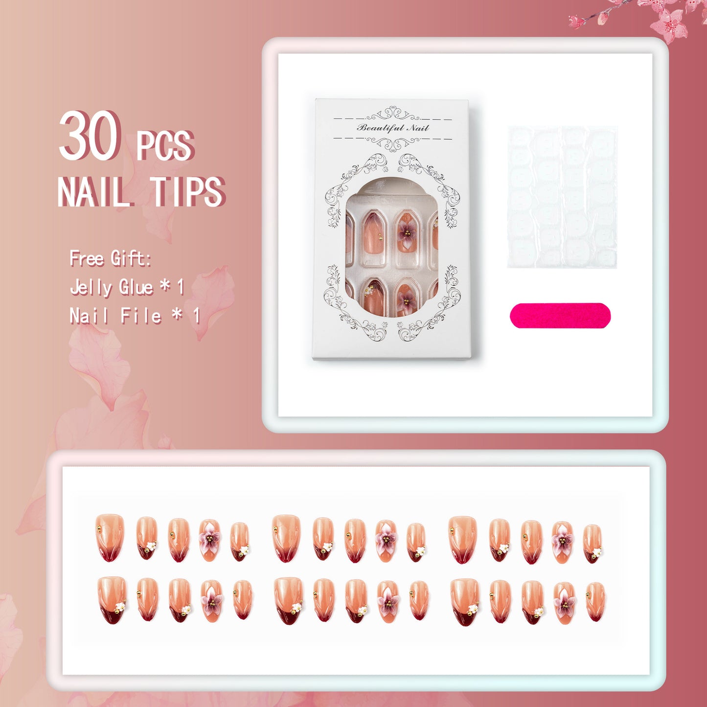 Artificial nail set with floral accents and gold embellishments Acalora
