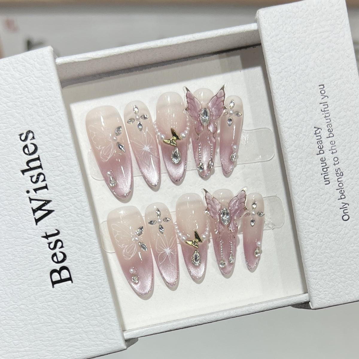 Artistic Stiletto Press-On Nail Design Set with Butterfly and Gemstone Accents Acalora