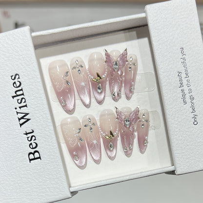 Artistic Stiletto Press-On Nail Design Set with Butterfly and Gemstone Accents Acalora