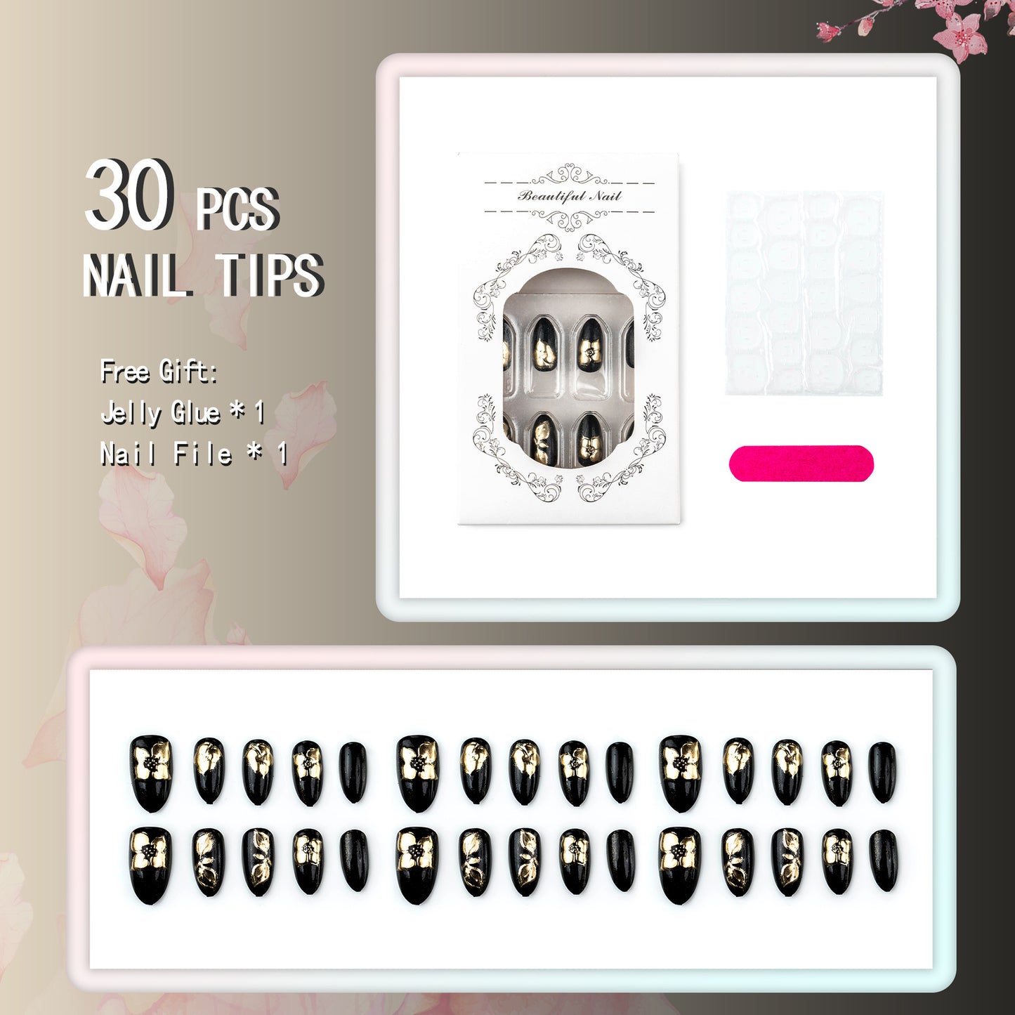 Artificial nail set with elegant 3D flowers and glamorous decorations Acalora