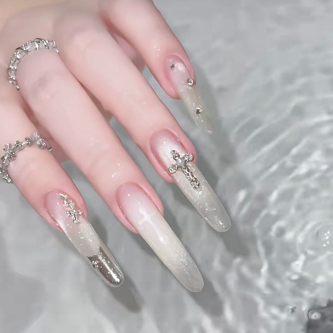 Elegant Decorative Press-On Nail Set with Rhinestone Cross Accents Acalora